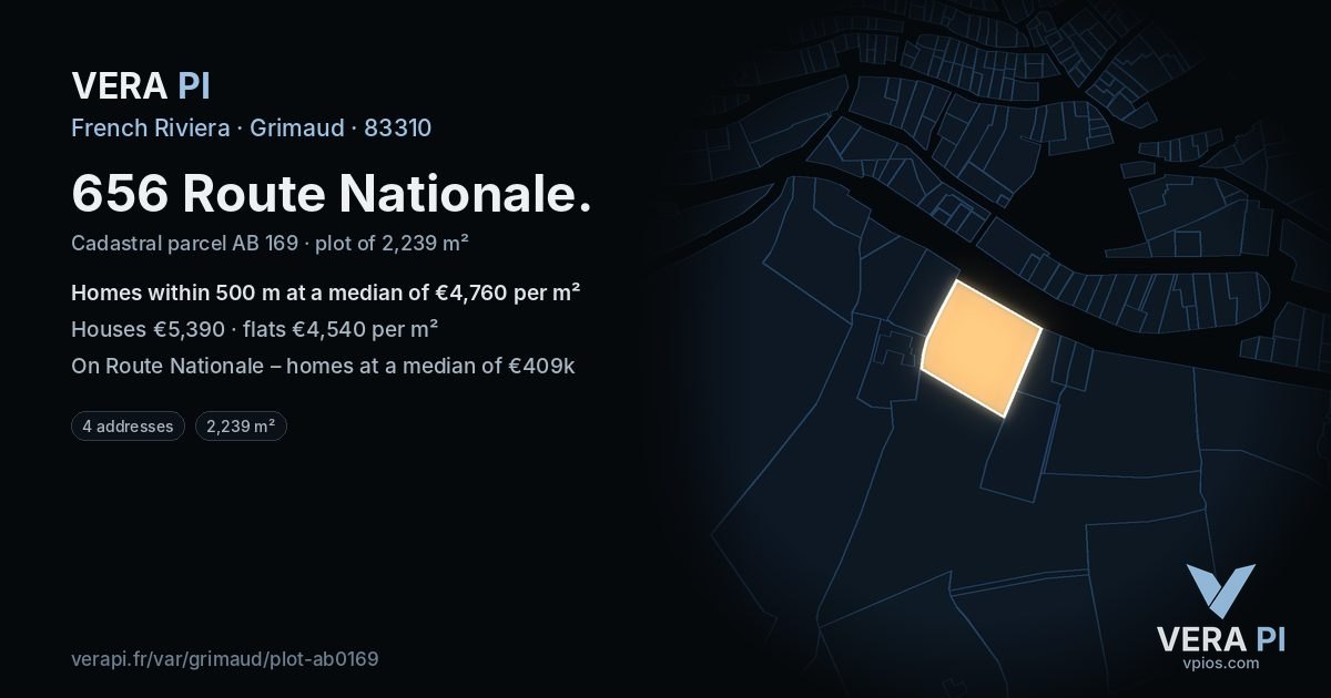 656 Route Nationale, Grimaud at night – the plot lit, the parcels around coloured by the prices near them