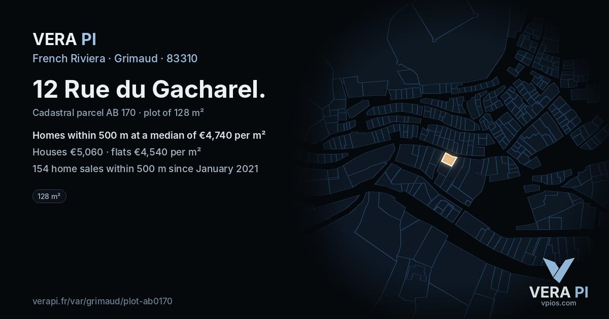 12 Rue du Gacharel, Grimaud at night – the plot lit, the parcels around coloured by the prices near them