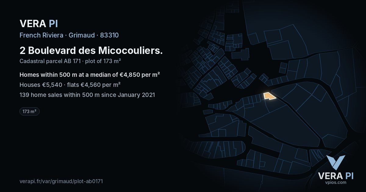2 Boulevard des Micocouliers, Grimaud at night – the plot lit, the parcels around coloured by the prices near them