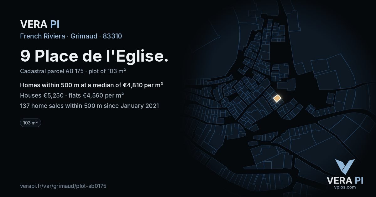 9 Place de l'Eglise, Grimaud at night – the plot lit, the parcels around coloured by the prices near them