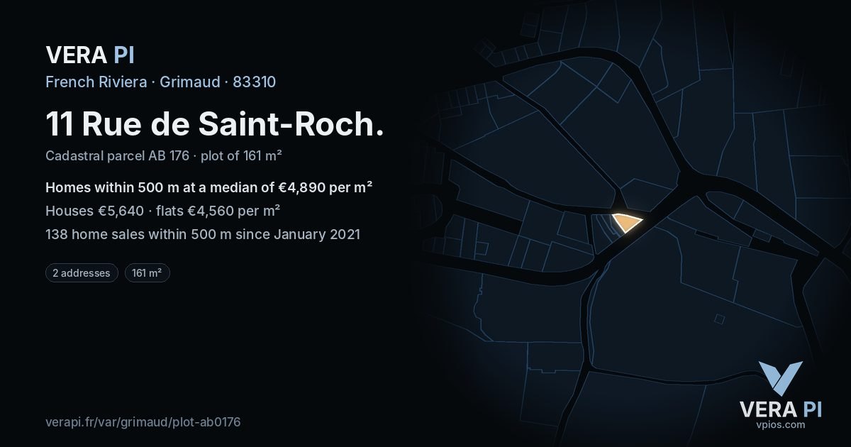 11 Rue de Saint-Roch, Grimaud at night – the plot lit, the parcels around coloured by the prices near them