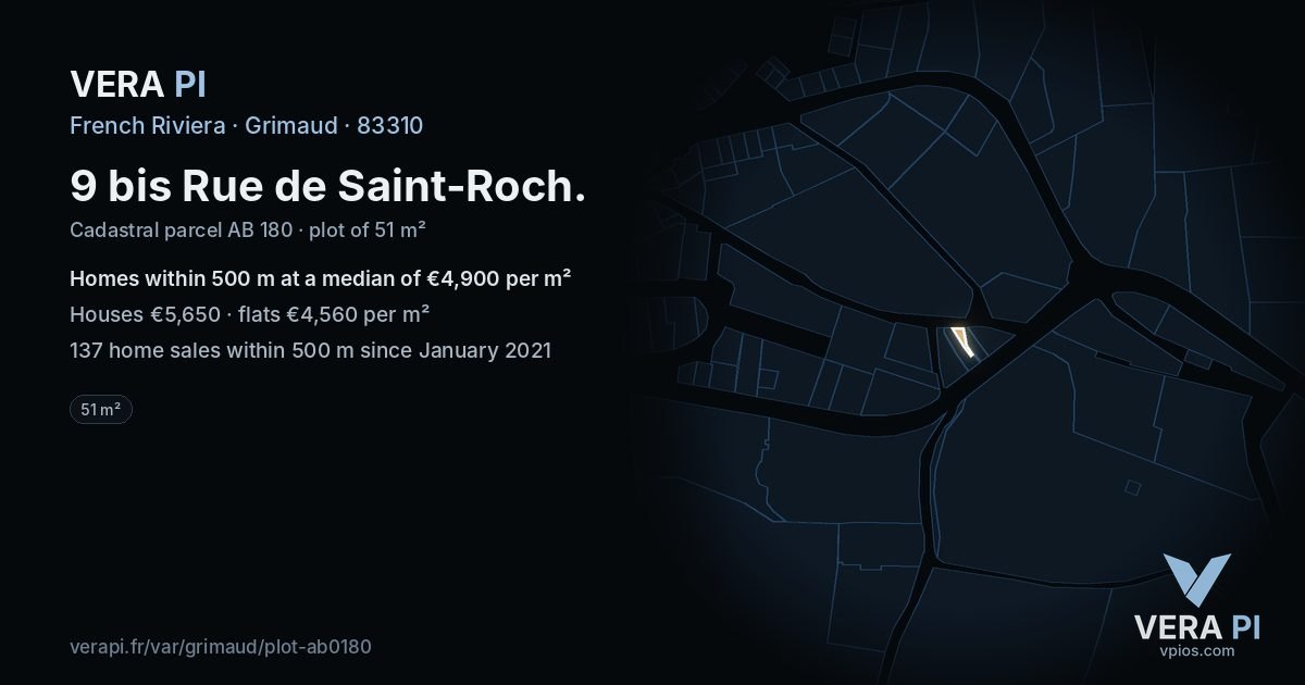 9 bis Rue de Saint-Roch, Grimaud at night – the plot lit, the parcels around coloured by the prices near them