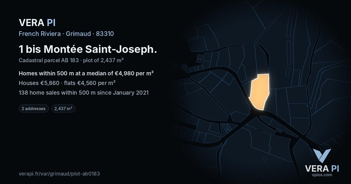 1 bis Montée Saint-Joseph, Grimaud at night – the plot lit, the parcels around coloured by the prices near them