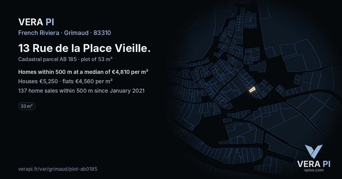 13 Rue de la Place Vieille, Grimaud at night – the plot lit, the parcels around coloured by the prices near them