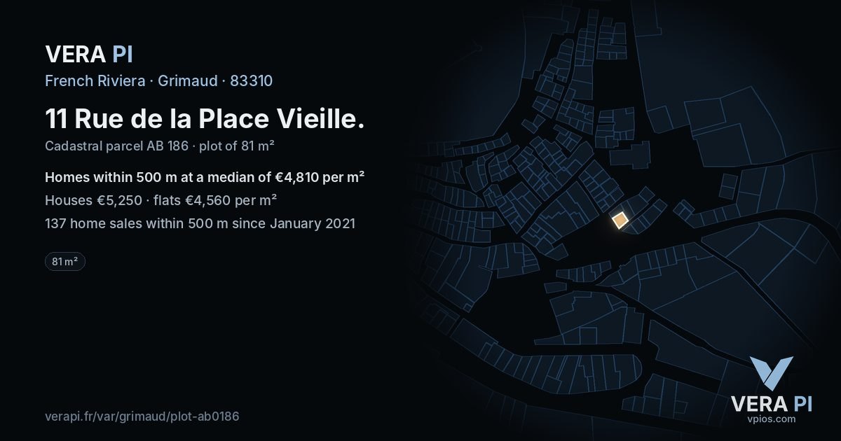 11 Rue de la Place Vieille, Grimaud at night – the plot lit, the parcels around coloured by the prices near them