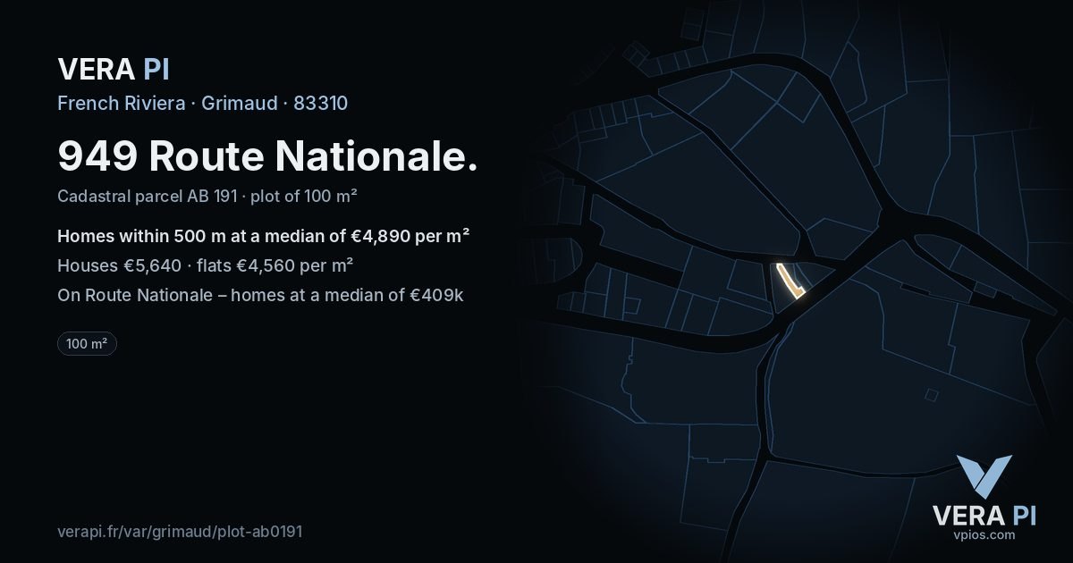 949 Route Nationale, Grimaud at night – the plot lit, the parcels around coloured by the prices near them