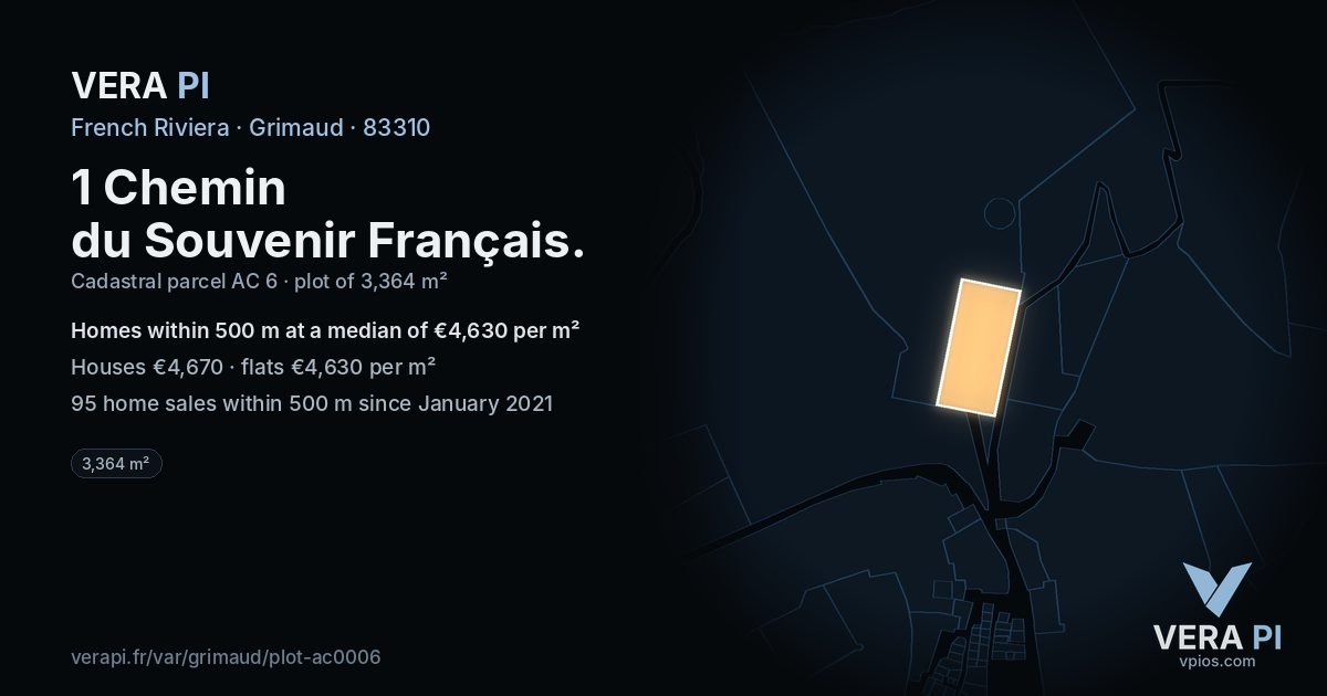 1 Chemin du Souvenir Français, Grimaud at night – the plot lit, the parcels around coloured by the prices near them