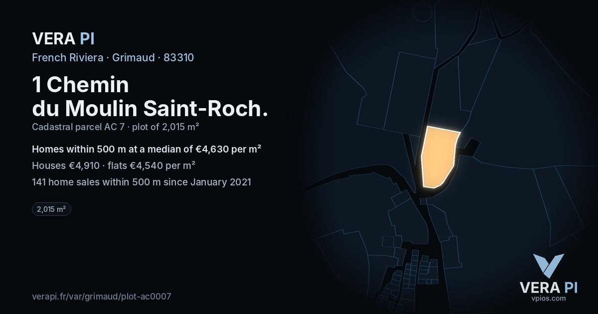 1 Chemin du Moulin Saint-Roch, Grimaud at night – the plot lit, the parcels around coloured by the prices near them