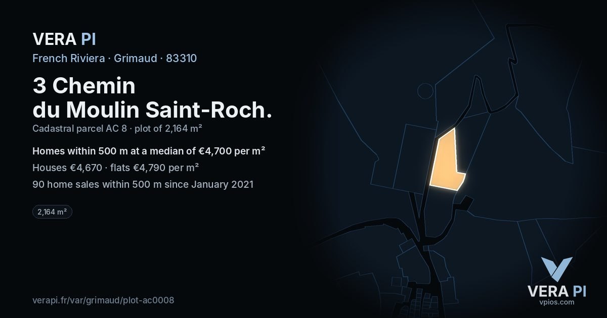 3 Chemin du Moulin Saint-Roch, Grimaud at night – the plot lit, the parcels around coloured by the prices near them
