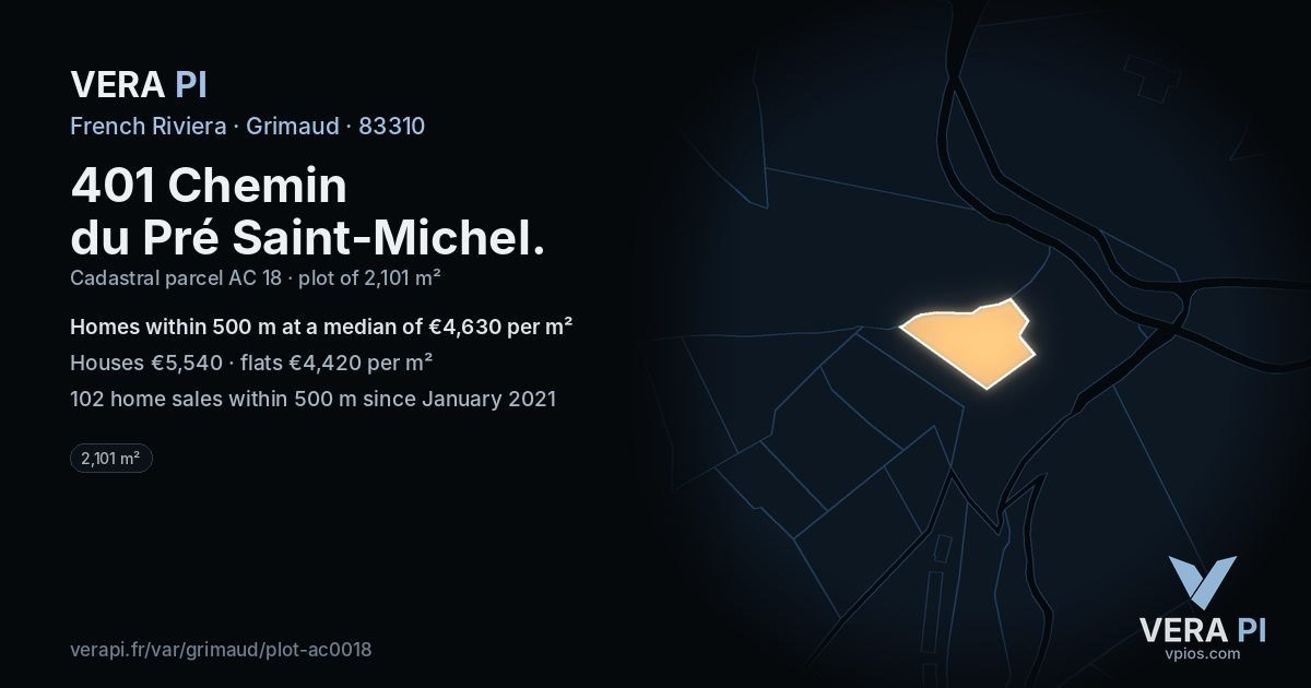 401 Chemin du Pré Saint-Michel, Grimaud at night – the plot lit, the parcels around coloured by the prices near them