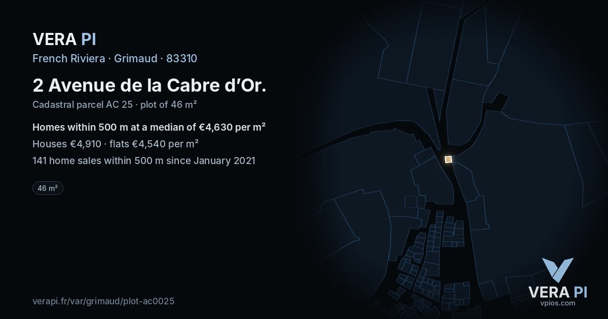 2 Avenue de la Cabre d’Or, Grimaud at night – the plot lit, the parcels around coloured by the prices near them