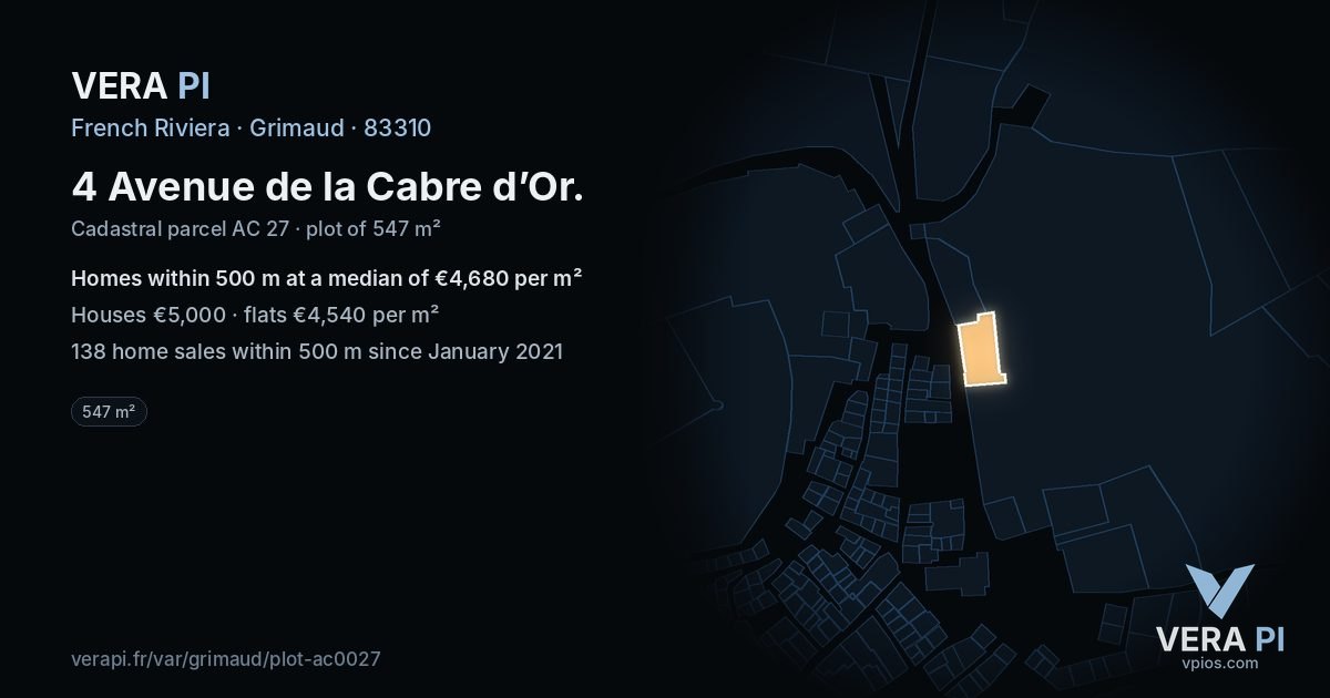 4 Avenue de la Cabre d’Or, Grimaud at night – the plot lit, the parcels around coloured by the prices near them