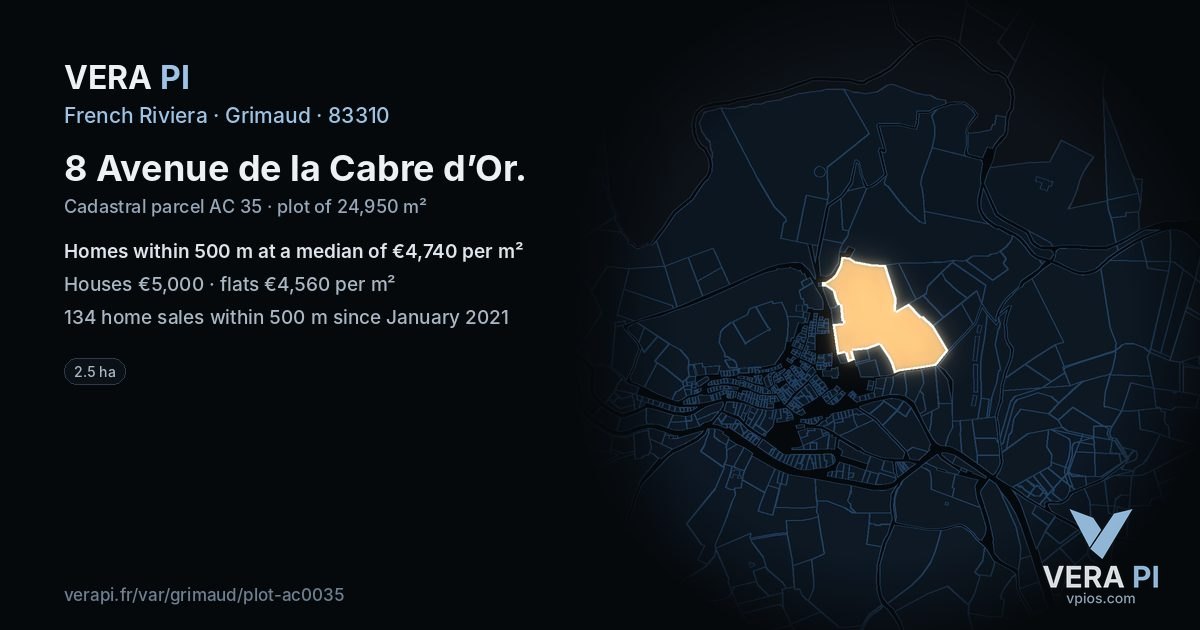 8 Avenue de la Cabre d’Or, Grimaud at night – the plot lit, the parcels around coloured by the prices near them