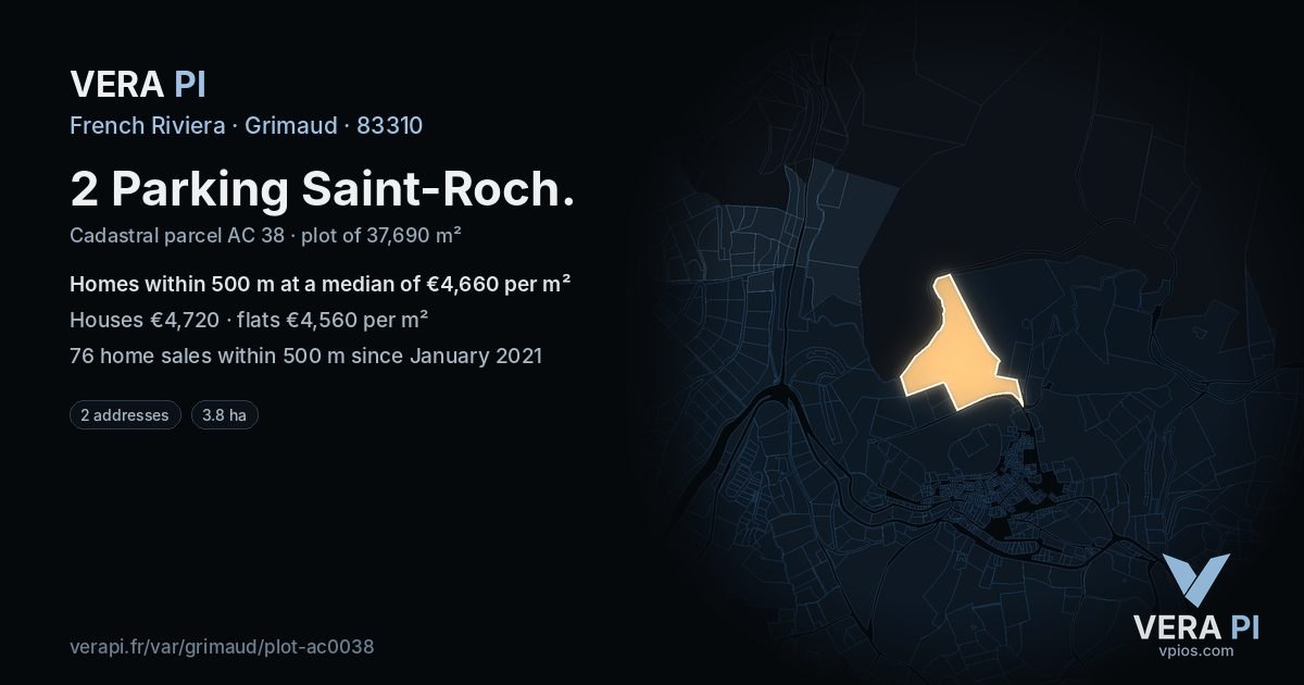 2 Parking Saint-Roch, Grimaud at night – the plot lit, the parcels around coloured by the prices near them