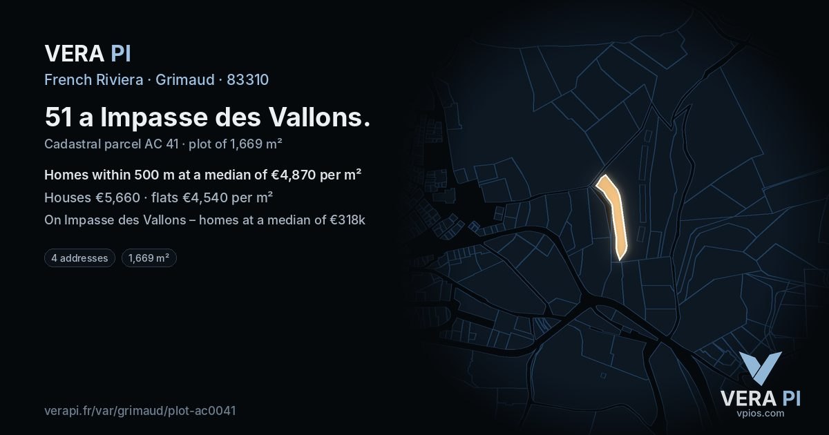 51 a Impasse des Vallons, Grimaud at night – the plot lit, the parcels around coloured by the prices near them