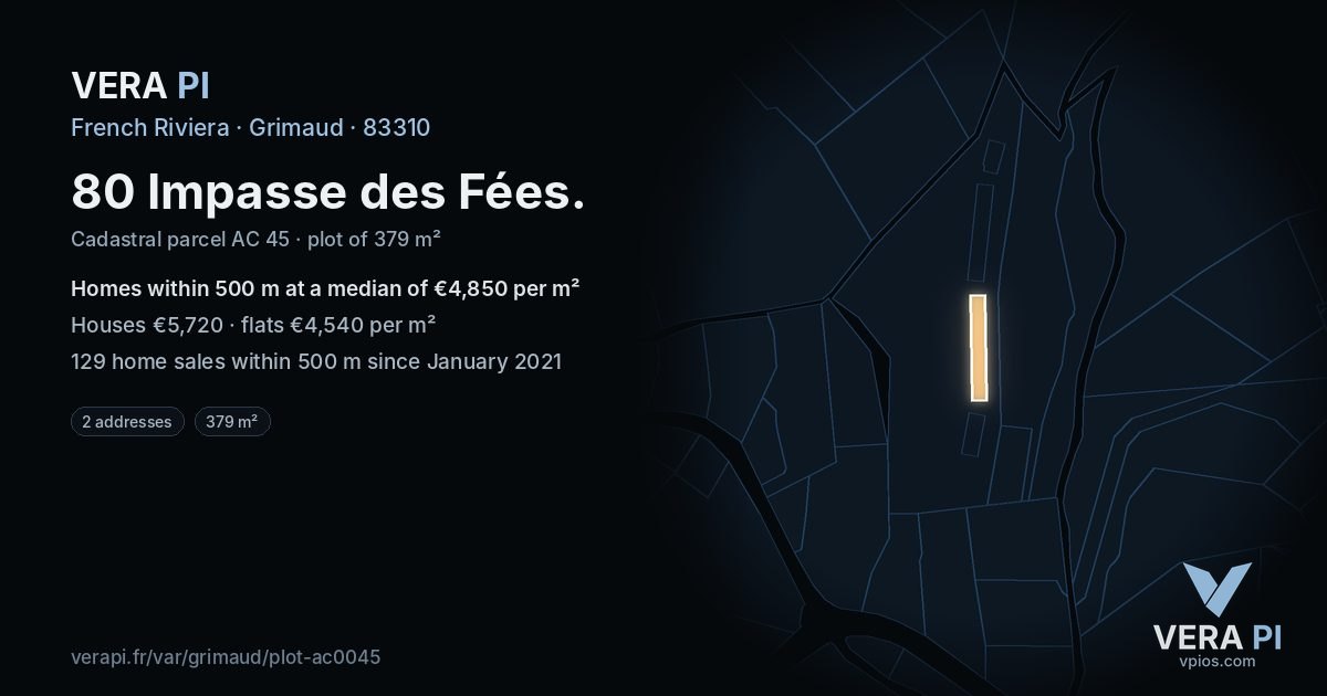 80 Impasse des Fées, Grimaud at night – the plot lit, the parcels around coloured by the prices near them