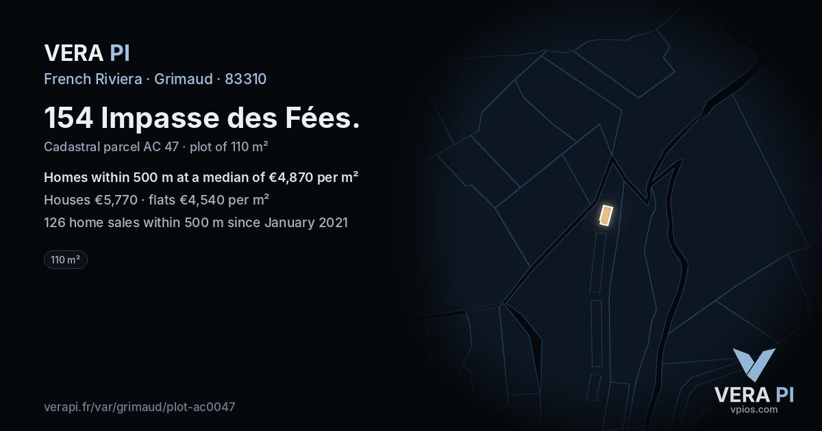 154 Impasse des Fées, Grimaud at night – the plot lit, the parcels around coloured by the prices near them
