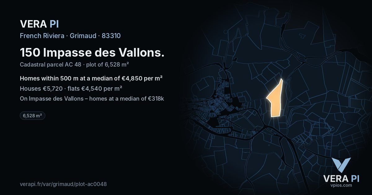 150 Impasse des Vallons, Grimaud at night – the plot lit, the parcels around coloured by the prices near them