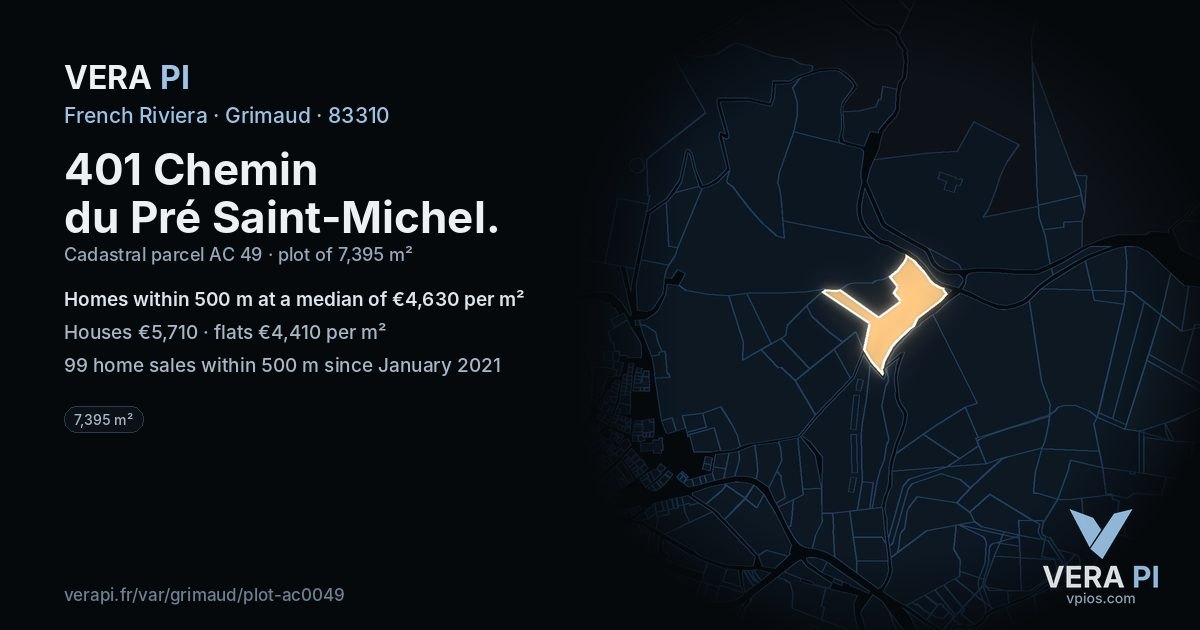 401 Chemin du Pré Saint-Michel, Grimaud at night – the plot lit, the parcels around coloured by the prices near them