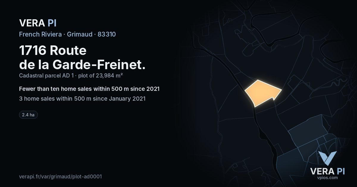 1716 Route de la Garde-Freinet, Grimaud at night – the plot lit, the parcels around coloured by the prices near them