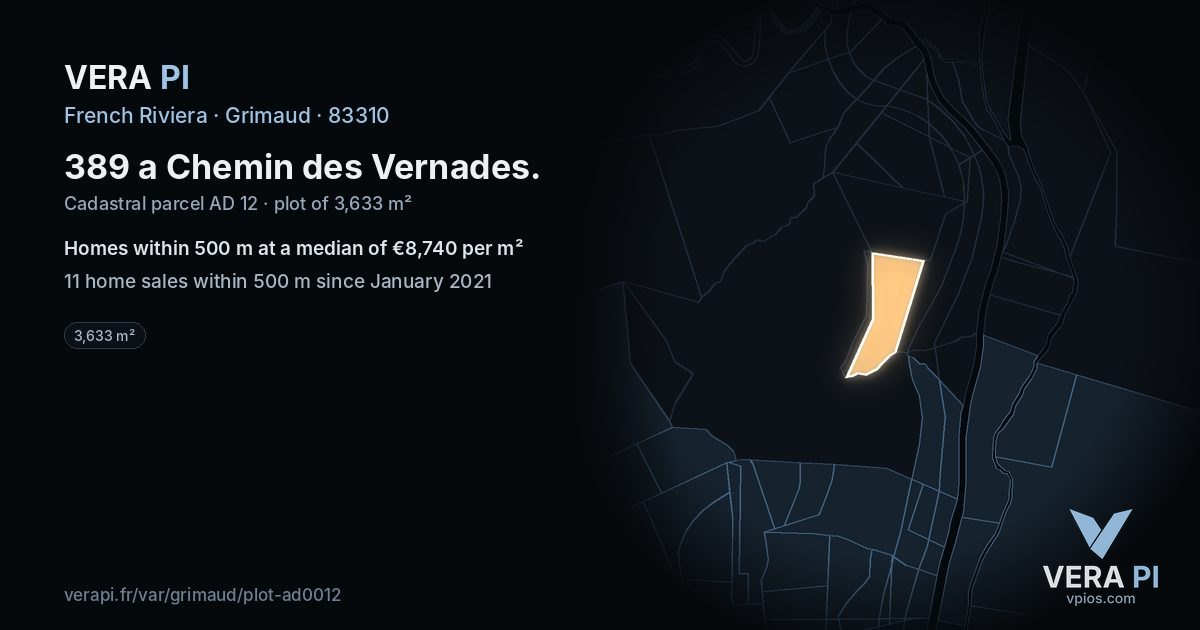389 a Chemin des Vernades, Grimaud at night – the plot lit, the parcels around coloured by the prices near them