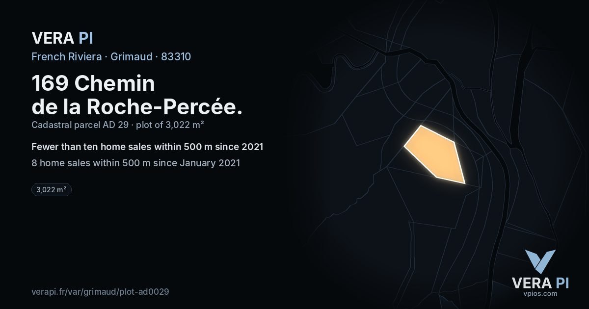 169 Chemin de la Roche-Percée, Grimaud at night – the plot lit, the parcels around coloured by the prices near them
