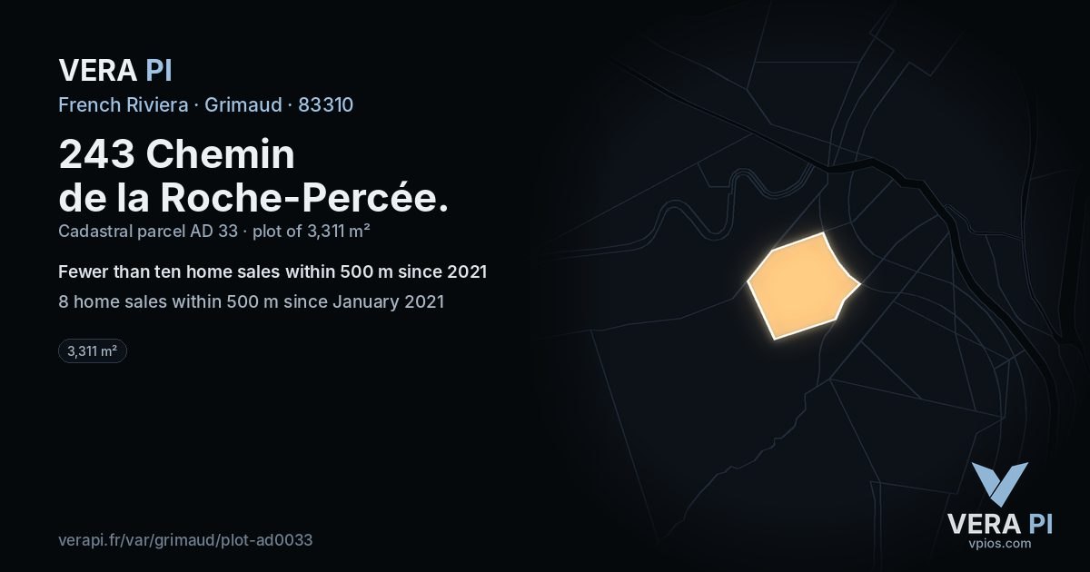 243 Chemin de la Roche-Percée, Grimaud at night – the plot lit, the parcels around coloured by the prices near them