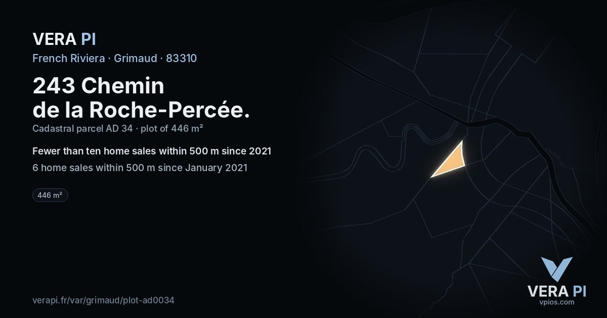 243 Chemin de la Roche-Percée, Grimaud at night – the plot lit, the parcels around coloured by the prices near them
