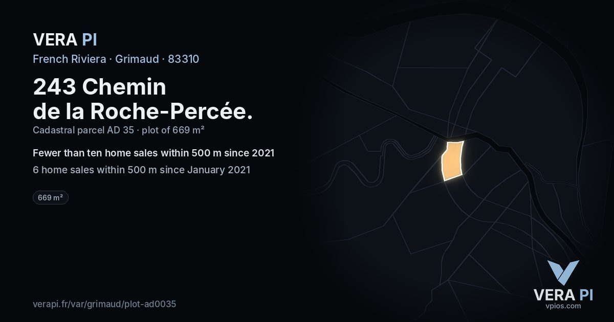 243 Chemin de la Roche-Percée, Grimaud at night – the plot lit, the parcels around coloured by the prices near them