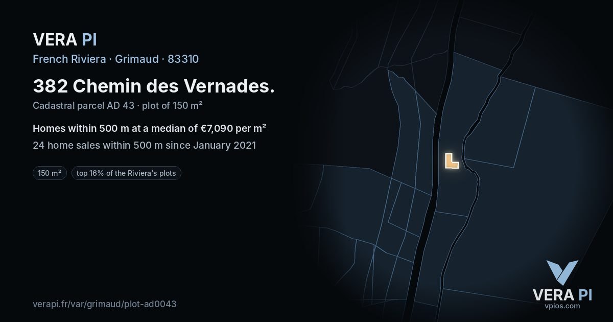 382 Chemin des Vernades, Grimaud at night – the plot lit, the parcels around coloured by the prices near them