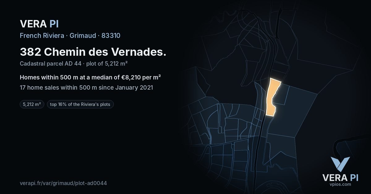 382 Chemin des Vernades, Grimaud at night – the plot lit, the parcels around coloured by the prices near them