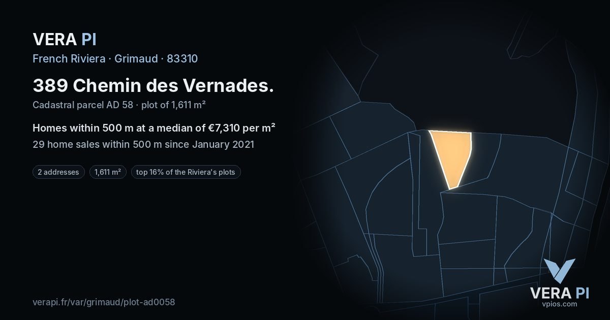 389 Chemin des Vernades, Grimaud at night – the plot lit, the parcels around coloured by the prices near them