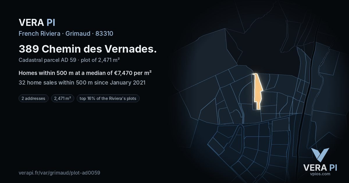 389 Chemin des Vernades, Grimaud at night – the plot lit, the parcels around coloured by the prices near them