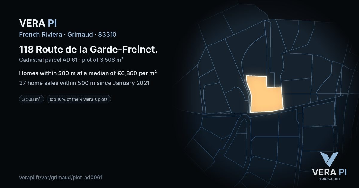 118 Route de la Garde-Freinet, Grimaud at night – the plot lit, the parcels around coloured by the prices near them