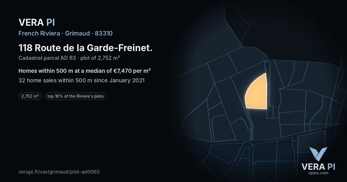 118 Route de la Garde-Freinet, Grimaud at night – the plot lit, the parcels around coloured by the prices near them