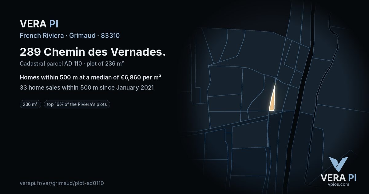 289 Chemin des Vernades, Grimaud at night – the plot lit, the parcels around coloured by the prices near them