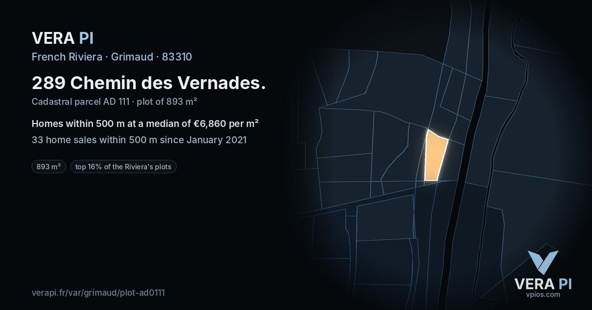 289 Chemin des Vernades, Grimaud at night – the plot lit, the parcels around coloured by the prices near them