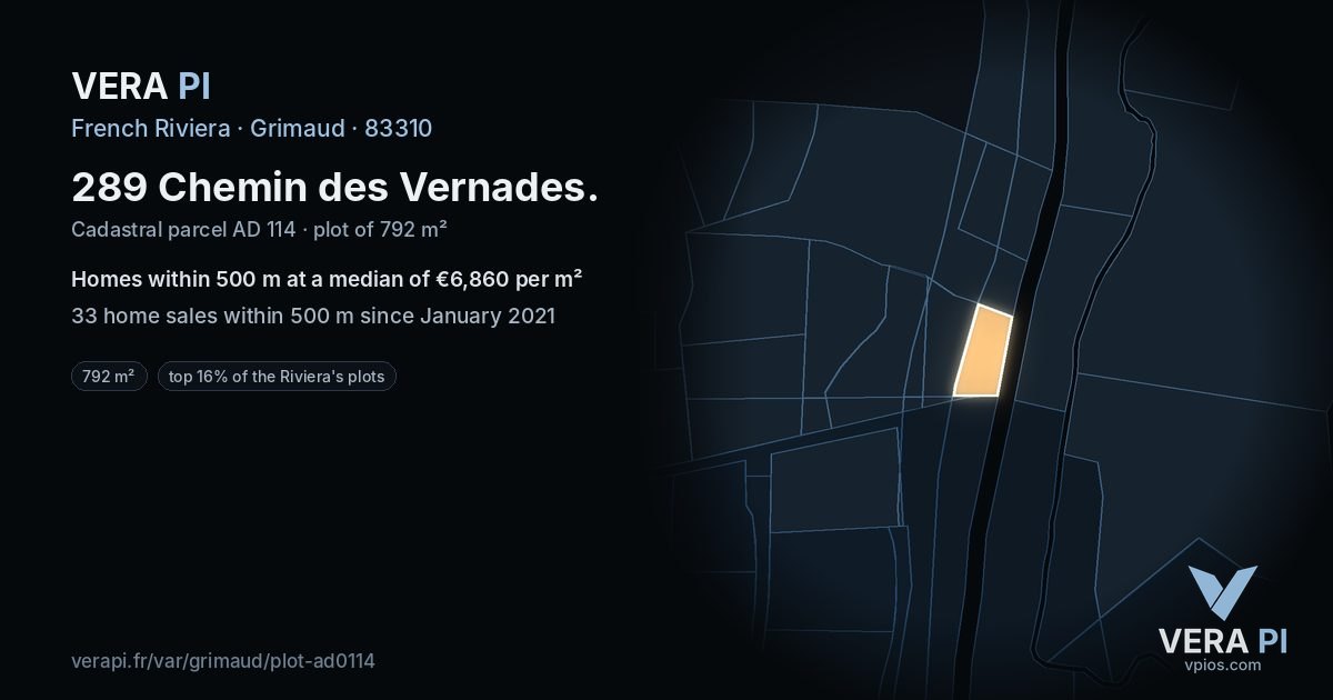 289 Chemin des Vernades, Grimaud at night – the plot lit, the parcels around coloured by the prices near them