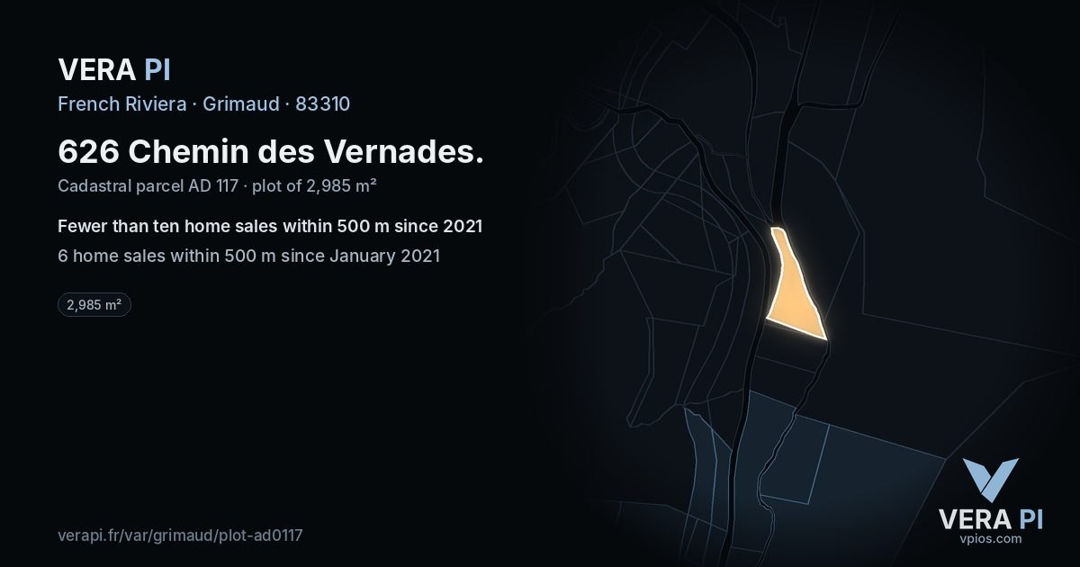 626 Chemin des Vernades, Grimaud at night – the plot lit, the parcels around coloured by the prices near them