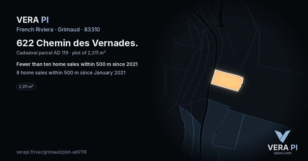 622 Chemin des Vernades, Grimaud at night – the plot lit, the parcels around coloured by the prices near them