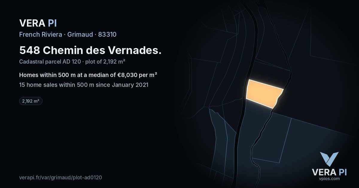 548 Chemin des Vernades, Grimaud at night – the plot lit, the parcels around coloured by the prices near them