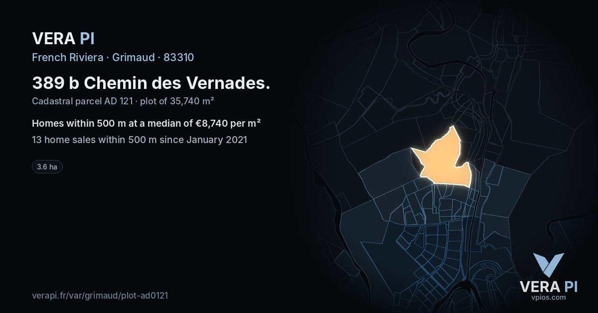 389 b Chemin des Vernades, Grimaud at night – the plot lit, the parcels around coloured by the prices near them