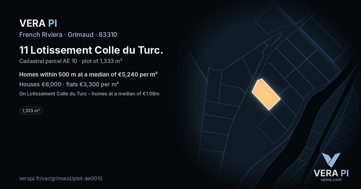11 Lotissement Colle du Turc, Grimaud at night – the plot lit, the parcels around coloured by the prices near them