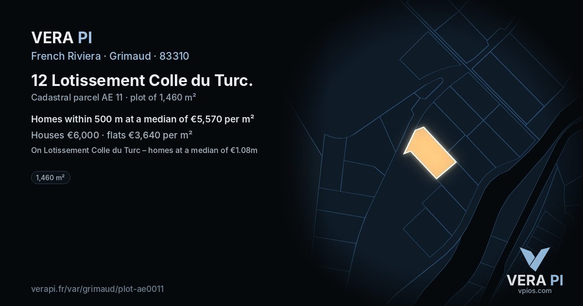 12 Lotissement Colle du Turc, Grimaud at night – the plot lit, the parcels around coloured by the prices near them