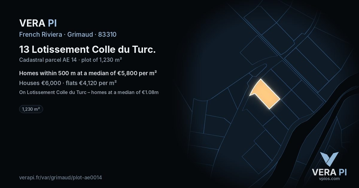 13 Lotissement Colle du Turc, Grimaud at night – the plot lit, the parcels around coloured by the prices near them