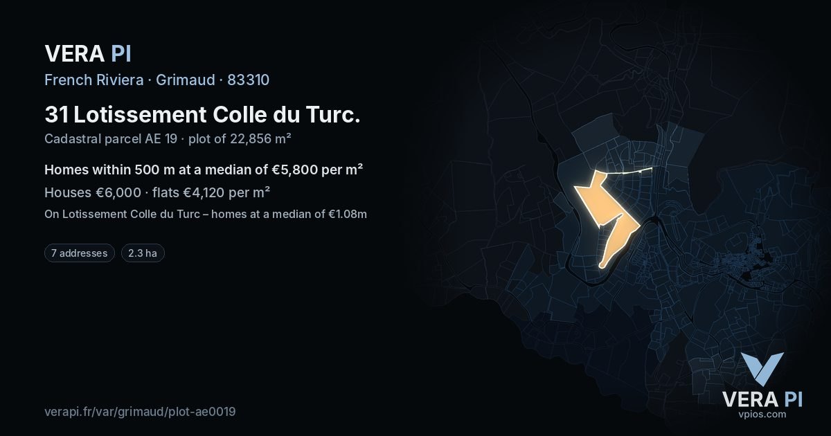 31 Lotissement Colle du Turc, Grimaud at night – the plot lit, the parcels around coloured by the prices near them