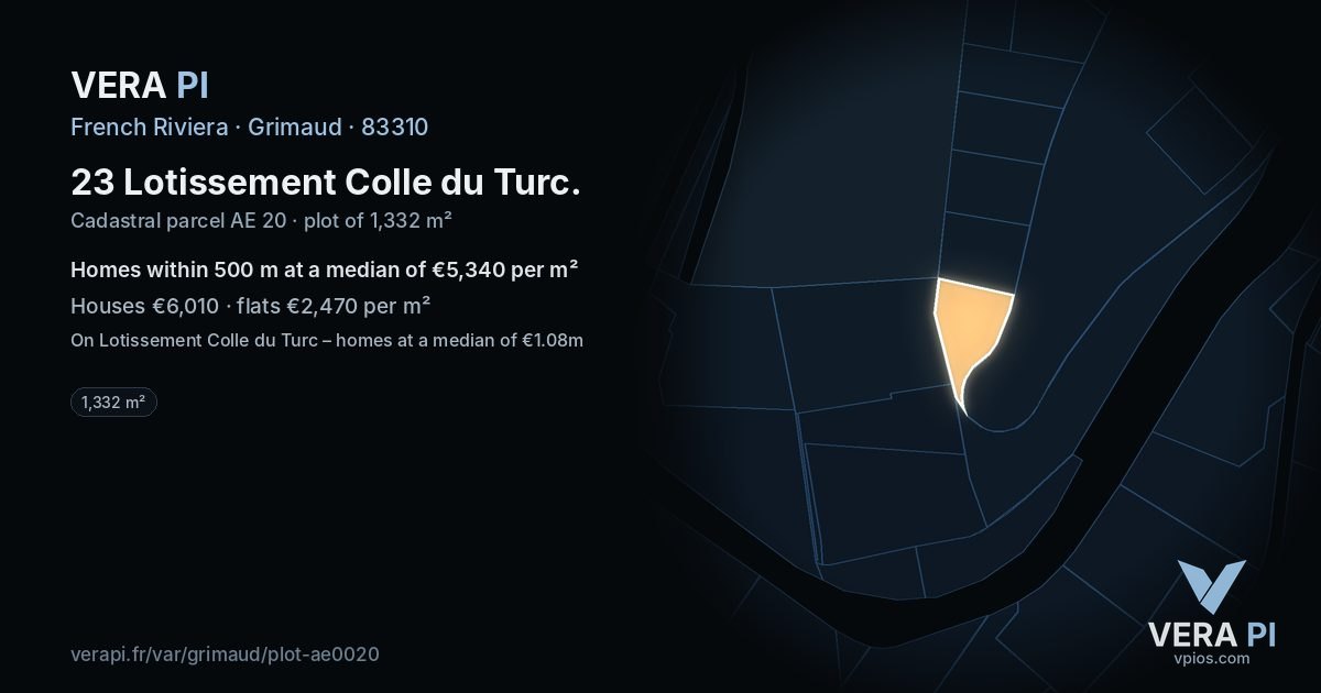23 Lotissement Colle du Turc, Grimaud at night – the plot lit, the parcels around coloured by the prices near them