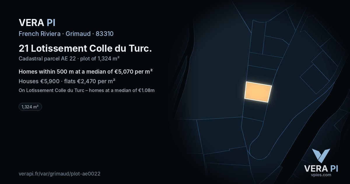 21 Lotissement Colle du Turc, Grimaud at night – the plot lit, the parcels around coloured by the prices near them