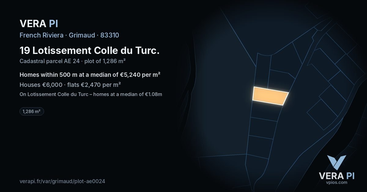 19 Lotissement Colle du Turc, Grimaud at night – the plot lit, the parcels around coloured by the prices near them