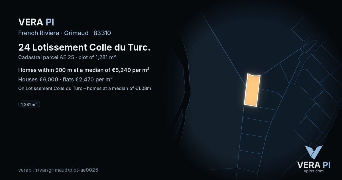 24 Lotissement Colle du Turc, Grimaud at night – the plot lit, the parcels around coloured by the prices near them